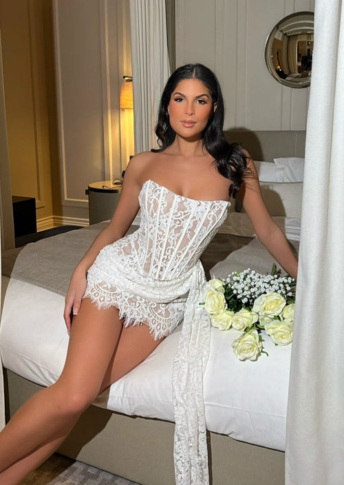 It's Complicated Lace Mini Dress with Drape - White