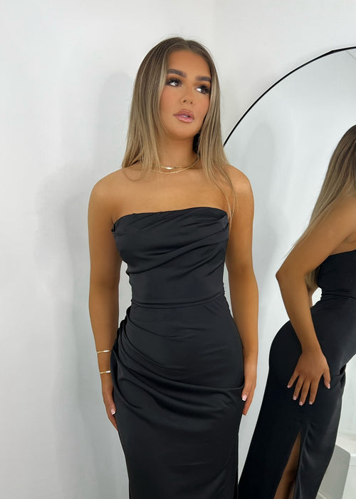 Cold Shoulder Strapless Satin Maxi Dress - Black