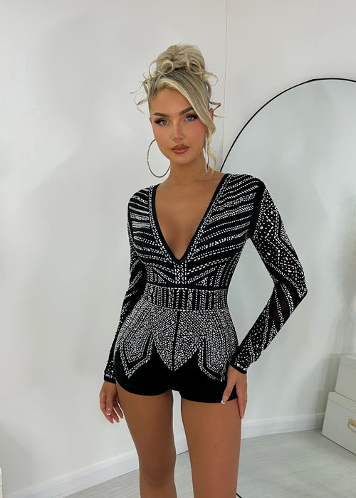 Bejeweled Embellished Playsuit with V Neckline - Black