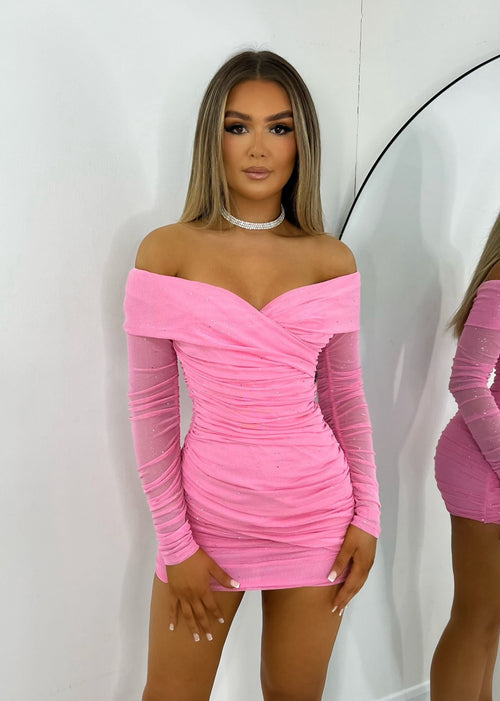 Kylie Sparkle Mesh Mini Dress - Baby Pink Sparkle