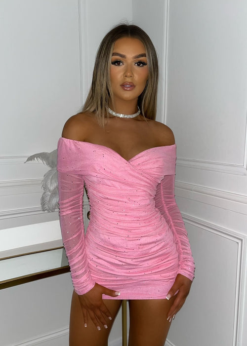 Kylie Sparkle Mesh Mini Dress - Baby Pink Sparkle